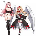  2girls angel_wings bare_shoulders blonde_hair boots bow breasts cleavage fangs hairband highres large_breasts long_hair looking_at_viewer multiple_girls navel open_mouth original parted_lips pink_hair pointy_ears red_bow red_eyes rewolf simple_background thigh-highs thigh_boots white_background white_bow white_legwear wings 