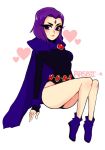  1girl belt breasts cape dc_comics forehead_jewel leotard purple_hair raven_(dc) savannah_(yugino) short_hair solo teen_titans violet_eyes 