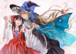  2girls black_hair blonde_hair braid cape closed_eyes detached_sleeves dress frilled_dress frills hair_ribbon hair_tubes hakurei_reimu hand_holding happy hat height_difference kayako_(tdxxxk) kirisame_marisa long_hair looking_at_another multiple_girls necktie nontraditional_miko open_mouth petals ribbon skirt smile touhou wide_sleeves witch_hat yellow_eyes 