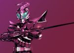  1boy armor belt bodysuit commentary_request green_eyes helmet highres holding holding_sword holding_weapon kamen_rider kamen_rider_kabuto_(series) kamen_rider_sasword looking_at_viewer male_focus pauldrons purple shimoguchi_tomohiro solo spot_color sword upper_body weapon 