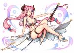  1girl blush breasts cleavage double_bun granblue_fantasy hair_over_one_eye holding holding_sword holding_weapon horns large_breasts long_hair looking_at_viewer narumeia_(granblue_fantasy) open_mouth pink_hair pointy_ears rewolf smile solo sword teeth twintails weapon 