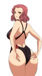  &gt;:) 1girl ass bare_arms bare_shoulders breasts brown_eyes competition_swimsuit cowboy_shot from_behind girls_und_panzer koujun_(mugenzero) large_breasts looking_at_viewer looking_back one-piece_swimsuit parted_lips redhead rosehip short_hair smile solo swimsuit 