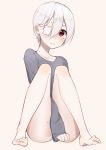  1girl 3: ass bandage bangs barefoot beige_background between_legs blush closed_mouth covering covering_crotch eyebrows_visible_through_hair eyepatch full_body grey_shirt hair_between_eyes hand_between_legs highres knees_together_feet_apart long_sleeves looking_at_viewer mole mole_under_eye original red_eyes shirt short_hair silver_hair simple_background sitting solo the_cold thighs 
