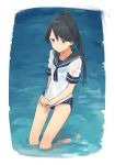  1girl alternate_costume artist_name black_hair blue_eyes blue_sailor_collar blush dated highres houshou_(kantai_collection) kantai_collection kawashina_(momen_silicon) long_hair ponytail sailor_collar school_swimsuit school_uniform serafuku short_sleeves solo swimsuit swimsuit_under_clothes water 