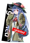  1girl backpack bag bangs black_hat blue_hair blue_skirt blush bow bowtie coat commentary_request cowboy_shot eyebrows_visible_through_hair food fruit grey_coat hair_between_eyes hands_up hat highres hinanawi_tenshi leaf long_hair long_sleeves looking_at_viewer open_clothes open_coat open_mouth peach red_bow red_eyes red_neckwear shirt sidelocks simple_background skirt smile solo tetsurou_(fe+) touhou very_long_hair white_background white_shirt wing_collar zipper 