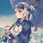  10s 1girl ainu_clothes bandanna blue_eyes cropped_jacket flower folded_ponytail headband itomugi-kun kamoi_(kantai_collection) kantai_collection long_hair long_sleeves looking_at_viewer oriental_umbrella profile rain sidelocks solo umbrella upper_body white_hair wrist_guards 