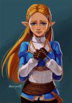  1girl bangs blonde_hair blue_eyes breasts cowboy_shot fingerless_gloves forehead gloves hair_ornament hairclip hands_clasped lips long_hair mella parted_bangs pointy_ears princess_zelda simple_background small_breasts solo the_legend_of_zelda the_legend_of_zelda:_breath_of_the_wild thick_eyebrows tunic 