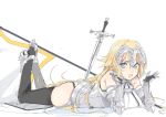  1girl ass bare_shoulders black_legwear blonde_hair blue_eyes breasts fate/apocrypha fate_(series) gauntlets helmet long_hair lying nesume on_stomach open_mouth ruler_(fate/apocrypha) solo sword thigh-highs weapon 