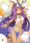  1girl ankh bangs blunt_bangs breasts dark_skin earrings egyptian egyptian_clothes facial_mark fate/grand_order fate_(series) glint hairband hoop_earrings jewelry long_hair looking_at_viewer medium_breasts medjed navel nitocris_(fate/grand_order) pelvic_curtain purple_hair revealing_clothes see-through serino_itsuki sidelocks solo very_long_hair violet_eyes 