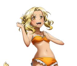  1girl :d alicia_rue bikini blonde_hair breasts collarbone fang long_hair navel open_mouth orange_bikini orange_eyes slit_pupils small_breasts smile solo standing strapless strapless_bikini swimsuit sword_art_online tail transparent_background 