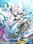  1girl blush breasts bubble cleavage company_name copyright_name eyebrows_visible_through_hair holding holding_knife holding_weapon knife large_breasts looking_at_viewer official_art open_mouth silver_hair smile solo underwater violet_eyes weapon wixoss yunkel_(zeijaku_mental) 