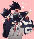  !! 1boy alternate_costume animal_head back beak bird blush boku_no_hero_academia casual crossed_arms heart highres hood hoodie hyoon_(sockgyu) jacket looking_at_viewer pink_background red_eyes school_uniform simple_background solo_focus sparkle tokoyami_fumikage track_jacket upper_body 