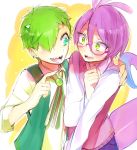  2boys ahoge blue_eyes fangs green_eyes green_hair hair_over_one_eye horns lizard_tail male_focus michael_wazowski monsters_inc. monsters_university multiple_boys one-eyed personification purple_hair randall_boggs sharp_teeth short_hair slit_pupils smile teeth younger 