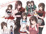  10s 1girl :d akagi_(kantai_collection) alternate_costume apron armpit_peek bare_arms bare_shoulders black_dress black_hakama black_legwear bowl box breasts brown_eyes brown_hair chopsticks collarbone dress dumpling eyebrows_visible_through_hair food fukuroumori gift gift_box gloves hair_between_eyes hakama heart holding holding_bowl holding_chopsticks holding_gift holding_instrument holding_spoon instrument japanese_clothes jiaozi kantai_collection long_dress long_hair long_sleeves medium_breasts multiple_views muneate one_eye_closed open_mouth partly_fingerless_gloves pink_shirt red_hakama shirt short_sleeves simple_background smile solo spoon standing strapless strapless_dress tasuki thigh-highs violin white_coat white_legwear white_shirt yugake 