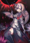  1girl armor bangs black_legwear blonde_hair breasts capelet chains eyebrows_visible_through_hair fate/grand_order fate_(series) faulds flag gauntlets grin headpiece holding jeanne_alter large_breasts looking_at_viewer parted_lips petals ruler_(fate/apocrypha) short_hair smile solo standard_bearer thigh-highs xiaosan_ye yellow_eyes 