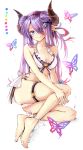  1girl absurdres ankle_ribbon barefoot bikini blue_eyes breasts butterfly cleavage collarbone eyes_visible_through_hair feet full_body granblue_fantasy hair_over_one_eye highres horns long_hair looking_at_viewer medium_breasts narumeia_(granblue_fantasy) pointy_ears purple_hair ribbon simple_background smile solo swimsuit thigh_strap toes very_long_hair white_background white_bikini white_ribbon yutchin 