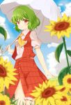  1girl adapted_costume ascot bangs blue_sky blurry blush breasts clouds collared_shirt day depth_of_field flower frilled_skirt frills grass green_hair highres holding holding_umbrella kazami_yuuka looking_at_viewer open_clothes open_vest parasol puffy_short_sleeves puffy_sleeves red_eyes red_skirt red_vest shiny shiny_hair shirt short_hair short_sleeves skirt sky smile solo thighs touhou umbrella vel0x_s vest walking white_legwear white_shirt 