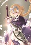  1girl absurdres armor armored_dress black_legwear blonde_hair bow braid breasts closed_eyes cowboy_shot fate/apocrypha fate_(series) floating_hair gauntlets grey_background hair_bow hair_ornament highres holding holding_sword holding_weapon large_breasts long_hair low-tied_long_hair open_mouth penguinking petals purple_bow ruler_(fate/apocrypha) solo standing sword thigh-highs very_long_hair weapon white_flower 