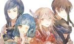  2boys 2girls armor fire_emblem fire_emblem_if gurei_(fire_emblem_if) hair_ornament hisame_(fire_emblem_if) japanese_clothes light_smile looking_at_viewer matoi_(fire_emblem_if) mitama_(fire_emblem_if) multiple_boys multiple_girls shourou_kanna simple_background smile white_background 