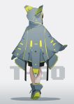  1girl absurdres back boots character_name cloak commentary_request fami_(yellow_skies) full_body gradient gradient_background highres hood hood_up hooded_cloak mittens pak_fa solo standing 
