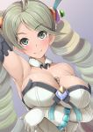 1girl ahoge alfort_(may0508) armpits between_breasts blush breasts choker cleavage de_la_fille dress drill_hair gloves granblue_fantasy green_eyes green_hair hair_ornament highres large_breasts long_hair looking_at_viewer poker_chip smile solo twin_drills twintails upper_body white_gloves 