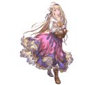  1girl bangs basket blue_hair boots breasts collarbone dress flower frills full_body granblue_fantasy hair_flower hair_ornament holding jeanne_d&#039;arc_(granblue_fantasy) long_hair long_sleeves looking_at_viewer medium_breasts minaba_hideo official_art skirt smile solo standing transparent_background 