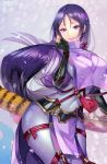  1girl breasts covered_nipples curvy fate/grand_order fate_(series) fingerless_gloves gloves large_breasts long_hair looking_at_viewer matsurika_youko minamoto_no_raikou_(fate/grand_order) purple_hair sideboob solo thighs very_long_hair violet_eyes wide_hips 