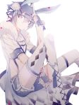  1boy animal_ears bananaxcs7 blue_eyes blue_hair coat fingerless_gloves flower frills fur gloves hair_flower hair_ornament hairclip high_heels looking_to_the_side original rabbit_ears short_hair shorts simple_background staff thigh-highs white_background 