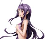  1girl ahoge breasts floating_hair from_side long_hair open_mouth pink_bikini_top pointy_ears purple_hair red_eyes shiny shiny_skin sideboob small_breasts solo standing sword_art_online transparent_background upper_body very_long_hair yuuki_(sao) 