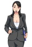  1girl black_hair blush breasts brown_eyes business_suit cleavage collarbone formal hand_on_hip large_breasts looking_at_viewer mole mole_under_eye original pencil_skirt simple_background skirt solo suit teeth tetsukui white_background 