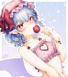  1girl artist_name bat_earrings bat_wings blue_hair bow candy cherry_print cinderella_bust commentary_request earrings food food_print hat hat_ribbon heart_cutout jewelry lollipop looking_at_viewer mob_cap mokokiyo_(asaddr) nail_polish navel pointy_ears red_bow red_eyes red_ribbon remilia_scarlet ribbon signature solo touhou upper_body wavy_hair wings 