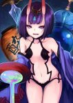  1girl alcohol bangs blunt_bangs bottle breasts collarbone cowboy_shot cup fate/grand_order fate_(series) headpiece highres japanese_clothes kimono looking_at_viewer navel open_clothes open_kimono open_mouth otogi_kyouka pouring purple_hair purple_kimono revealing_clothes sakazuki sake sake_bottle short_hair shuten_douji_(fate/grand_order) small_breasts smile solo sword teeth thighs violet_eyes weapon 