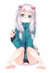  1girl bad_perspective blue_eyes bottomless bow cherry_(kjvp4842) covering covering_crotch eromanga_sensei glasses highres izumi_sagiri jacket long_hair looking_at_viewer pink_bow semi-rimless_glasses silver_hair sitting sleeves_past_wrists stylus under-rim_glasses very_long_hair 