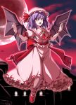  1girl :d ascot bat bat_wings brooch clouds commentary_request fang frilled_skirt frills full_body full_moon hat hat_ribbon highres jewelry mob_cap moon nori_tamago open_mouth outstretched_arms puffy_short_sleeves puffy_sleeves purple_hair red_eyes red_moon red_sky remilia_scarlet ribbon sash scarlet_devil_mansion short_hair short_sleeves skirt skirt_set sky smile solo spread_arms teeth touhou wings 