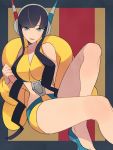  1girl bare_legs bare_shoulders black_hair blue_eyes coat earphones fur_coat gym_leader half-closed_eyes highres kamitsure_(pokemon) legs long_hair looking_at_viewer midriff navel navel_cutout nuku open_mouth pokemon pokemon_(game) pokemon_bw2 short_shorts shorts sleeveless smile solo 