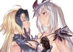  2girls ahoge angry bare_shoulders black_gloves blonde_hair breasts chains chin_grab chin_hold cleavage collarbone crossover dark_jeanne eye_contact fate/grand_order fate_(series) feathers female gloves granblue_fantasy hair_ornament headpiece highres holy_pumpkin jeanne_alter jeanne_d&#039;arc_(granblue_fantasy) large_breasts long_hair looking_at_another multiple_girls namesake parted_lips red_eyes ruler_(fate/apocrypha) silver_hair smile strap_pull type-moon upper_body yellow_eyes yuri 