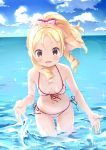  1girl :d absurdres artist_name bikini blonde_hair blue_sky blush bow breasts brown_eyes clouds cloudy_sky cowboy_shot dated day drill_hair eromanga_sensei front-tie_bikini front-tie_top hair_bow highres horizon leaning_forward lens_flare looking_at_viewer neki_(wakiko) open_mouth outdoors outstretched_hand pink_bikini pointy_ears ponytail ringlets side-tie_bikini sky small_breasts smile solo sparkle splashing string_bikini striped striped_bikini swimsuit twin_drills twitter_username wading yamada_elf 