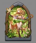  1girl antlers arch belt belt_pouch bird bird_on_hand blonde_hair blouse blue_eyes boots bow bra brown_capelet brown_gloves daisy deer feathers flower forest full_body gloves grass green_bra green_skirt grey_background hair_bow hair_flower hair_ornament highres knee_boots long_hair looking_to_the_side mwwhxl nature open_blouse open_clothes original plant rabbit skirt smile solo staff standing standing_on_one_leg sunflower_hair_ornament thigh-highs underwear vines white_blouse white_legwear 