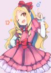  1girl ;d beige_background blonde_hair blush bow brown_eyes cowboy_shot dress eromanga_sensei fang frills hair_bow hair_ribbon highres index_finger_raised long_hair long_sleeves looking_at_viewer one_eye_closed open_mouth otogi_kyouka pink_dress pointing pointing_up red_bow red_ribbon ribbon ringlets simple_background smile solo star wavy_hair yamada_elf 