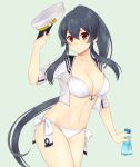  10s 1girl adapted_costume bikini black_hair blue_background bottle breasts collarbone cropped_jacket hair_between_eyes hat holding holding_hat ichinomiya_(blantte) kantai_collection long_hair looking_at_viewer medium_breasts navel ponytail red_eyes side-tie_bikini simple_background skindentation smile solo swimsuit upper_body very_long_hair white_bikini white_hat yahagi_(kantai_collection) 