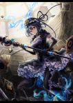  1girl alice_(sinoalice) backlighting blue_hair book bookshelf breasts cleavage dress elbow_gloves emone04 frilled_dress frills gloves hat holding holding_weapon lace pale_skin patterned_clothing puffy_short_sleeves puffy_sleeves red_eyes short_hair short_sleeves sinoalice skirt solo staff weapon window 