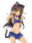  1girl animal_ears ass_visible_through_thighs bikini black_hair blue_bikini blush breasts cat_ears cat_tail cowboy_shot dark_skin heart long_hair looking_at_viewer micro_bikini navel open_mouth original paw_pose sailor_bikini sailor_collar shiny shiny_hair simple_background small_breasts smile solo stomach swimsuit tail white_background yanagi_yuu yellow_eyes 