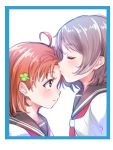  2girls ahoge bangs blue_border blush breasts cleavage clover_hair_ornament forehead_kiss grey_hair hair_ornament kanabun kiss love_live! love_live!_sunshine!! multiple_girls neckerchief orange_hair parted_bangs red_eyes red_neckerchief school_uniform serafuku short_hair takami_chika upper_body uranohoshi_school_uniform watanabe_you white_border yuri 