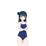  1girl :o artist_request bangs bare_shoulders blue_hair blunt_bangs blush breasts collarbone crossed_arms fingernails hair_bun long_hair looking_at_viewer love_live! love_live!_school_idol_festival love_live!_sunshine!! official_art one-piece_swimsuit open_mouth school_swimsuit side_bun smile solo swimsuit tsushima_yoshiko violet_eyes 