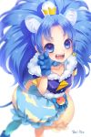  1girl :d animal_ears aoi_itou bangs blue_bow blue_choker blue_eyes blue_gloves blue_hair blue_legwear blue_shirt blue_skirt bow cloud_print crown cure_gelato earrings extra_ears fangs gloves highres jewelry kirakira_precure_a_la_mode layered_skirt lion_ears long_hair magical_girl mini_crown open_mouth pantyhose parted_bangs precure print_skirt shirt signature simple_background skirt smile solo tategami_aoi white_background 