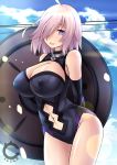 1girl bare_shoulders black_gloves blush breasts cilica cleavage cleavage_cutout covered_nipples cowboy_shot elbow_gloves fate/grand_order fate_(series) gloves hair_over_one_eye heart heart-shaped_pupils highres large_breasts leotard looking_at_viewer navel navel_cutout open_mouth purple_hair shield shielder_(fate/grand_order) short_hair symbol-shaped_pupils violet_eyes 