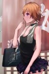  1girl absurdres blush bra bra_removed breasts cleavage collar commentary_request frilled_skirt frills highres holding_bag idolmaster idolmaster_cinderella_girls ninomiya_asuka orange_hair rerere short_hair skirt sweat towel towel_around_neck underwear violet_eyes 