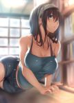  1girl :o bangs bare_shoulders black_hair blue_camisole blue_eyes blurry blurry_background blush bookshelf bra_strap breasts camisole cleavage collarbone commentary_request eyebrows_visible_through_hair hair_between_eyes hips idolmaster idolmaster_cinderella_girls indoors large_breasts lens_flare long_hair lying midriff_peek murasame_nohito on_side sagisawa_fumika shorts solo spaghetti_strap window 