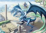 1girl barefoot blue_eyes blue_eyes_ultimate_dragon blue_hair breasts card character_request dragon eyebrows_visible_through_hair floating highres holding holding_card huanghyy large_breasts long_hair looking_away parted_lips tree yu-gi-oh! 