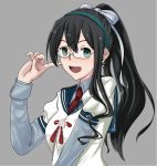  10s 1girl :d alternate_hairstyle aqua_eyes aqua_hairband black-framed_glasses black_hair female finger_to_cheek glasses grey_background hair_ribbon hairband hand_on_own_face hand_up highres kantai_collection kumatama_tkm long_hair long_sleeves looking_at_viewer military military_uniform naval_uniform necktie ooyodo_(kantai_collection) open_mouth ponytail red_necktie ribbon round_teeth semi-rimless_glasses simple_background single_sidelock smile solo teeth uniform upper_body wavy_hair white_ribbon white_uniform 